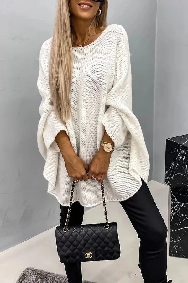 Vanessa® | Luźny, dzianinowy sweter poncho „Remember Me” z okrągłym dekoltem