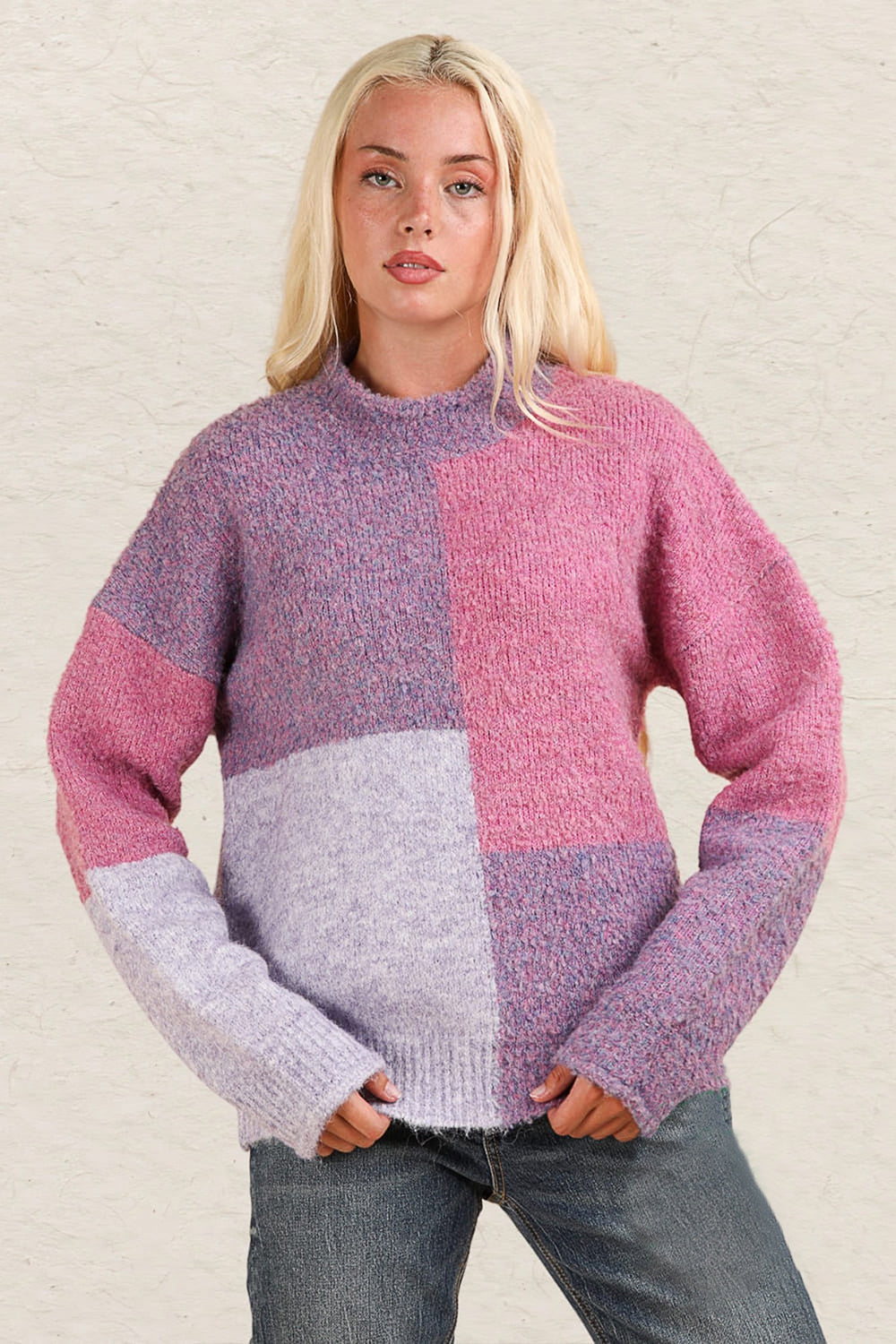 Ramona® | Sweter w bloki kolorów, ze stójką i obniżonymi ramionami