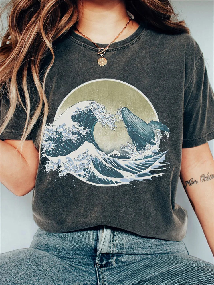 Koszulka Vintage Washed Japanese Art Whale Breach T-Shirt