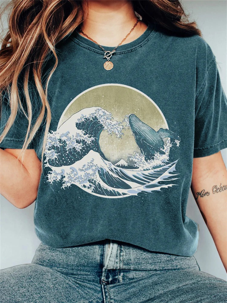 Koszulka Vintage Washed Japanese Art Whale Breach T-Shirt