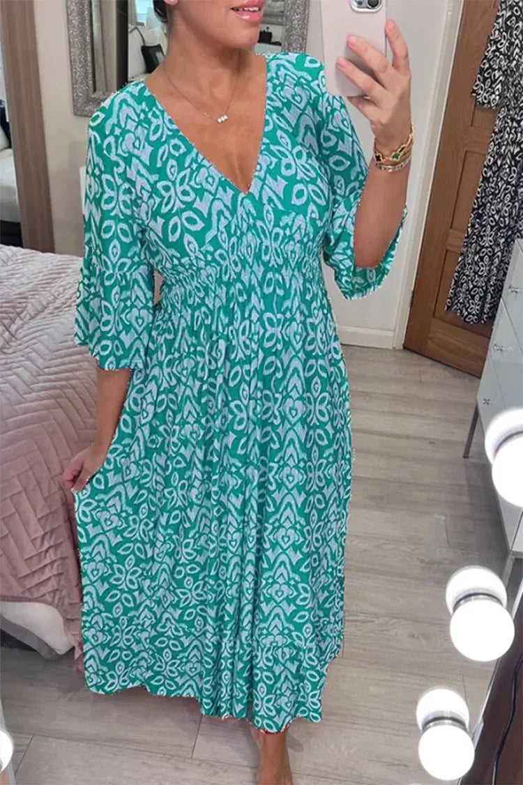 Bohemian casual print V-neck waist wrap dress długa sukienka